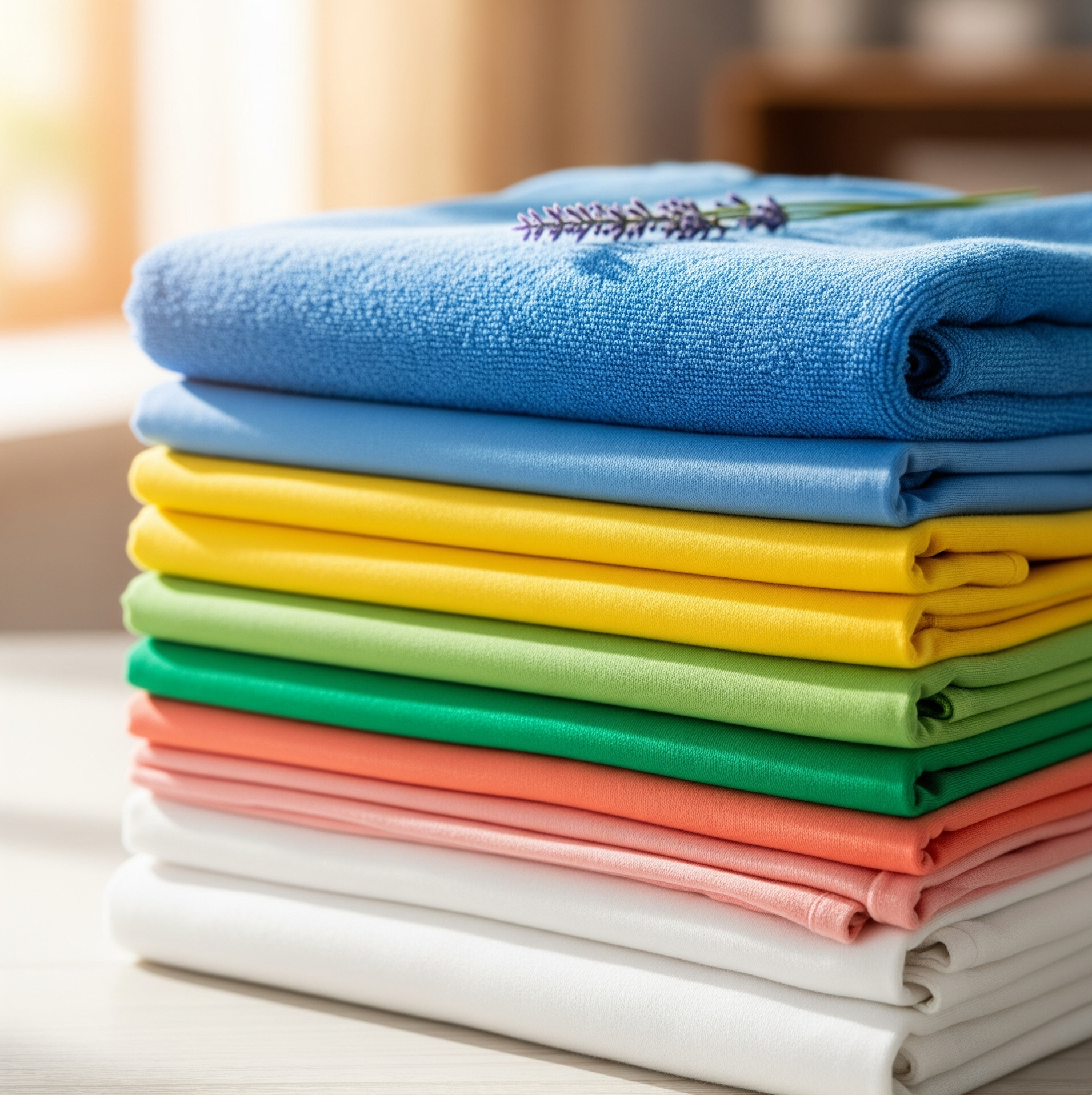 A Bright, High Quality Photo Of A Perfectly Folded, Clean Stack Of Colorful Laundry.
